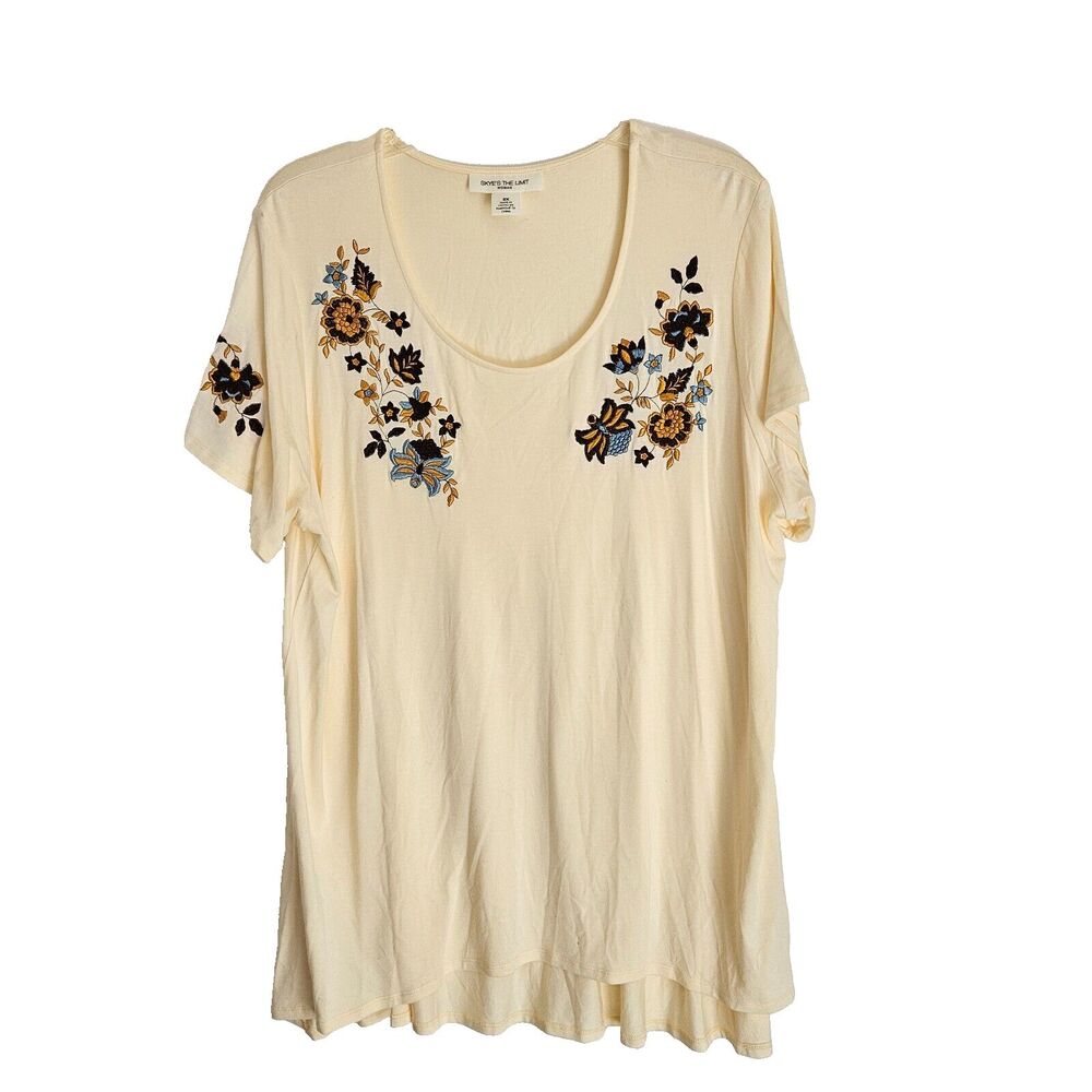 Skye's the Limit Tunic Top Womens 2X Cream Boho Embroidered Floral High-Low